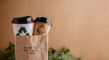 Renewable and Reuasable Concepts. Zero Waste Products. Set of Recycle Coffee Cup and Bag. Reduce Plastic Packaging. Environment, Ecology Care photo