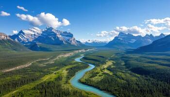 majestically towering snow-capped alpine peaks, cerulean sky overlooking turquoise waters photo