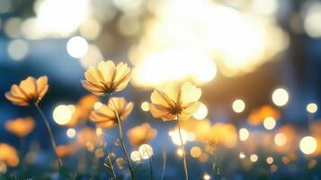 under warm glow of golden hour, serene tableau of vibrant yellow flowers amidst verdant grass, gently swayed by sun-drenched breeze, painting an unforgettable scene at fields edge photo