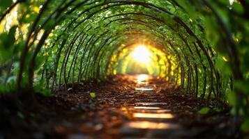 golden walkway amidst tranquil lush green forest, spring sunlight dapples through vibrant branches of beech tree, creating an idyllic and peaceful scene photo