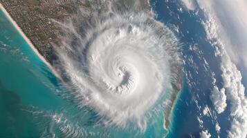 monstrous hurricane, swirling vortex unleashes raw power of nature over dark clouds and turquoise waters photo