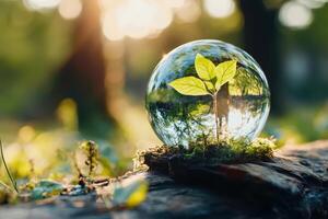 reflections of sustainable planet, vibrant green forest and crystal ball of hope on earth day - call for renewal and environmental responsibility photo