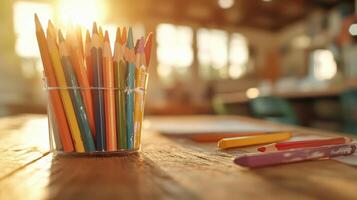 morning light illuminating desk of young learners, vibrant rocket, symbolizing dreams of aspiring minds amid drying paint and school supplies, prepared for taking flight into new realms of knowledge photo