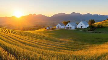 golden autumn panorama, charming warmth over fields and farmhouses as sunlight kisses horizon at seas edge photo