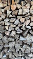 Stack of Natural Firewood Logs Arranged in Rustic Outdoor Setting. Neatly stacked firewood pieces showcasing textures of natural wood grains, ideal for rustic or seasonal themes. Captures the essence of outdoors and sustainable energy sources. photo