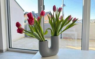Elegant tulip bouquet in a modern vase near a window, spring decor. A stylish bouquet of pink and red tulips in a contemporary U-shaped vase on a white table near a window. Bright natural light and soft shadows create a fresh spring atmosphere. photo
