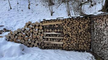 Stack of Firewood Outdoors in a Snowy Winter Forest Setting. Neatly stacked firewood is arranged outdoors in a snowy winter forest, showcasing preparation for cold weather and rural living in this serene and rustic setting. photo