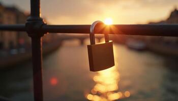 Love lock attached to railing of bridge. Symbolizing commitment, promises. Valentine's day concept photo
