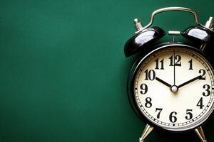 Vintage Alarm Clock on Green Background with Numbers Displayed Clearly for Time Management photo