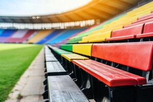 Brightly Colored Plastic Seats in Stadium Arena Rows with Green Grass Field in Background photo