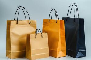 Various Sizes of Plain Paper Bags Displayed on a Neutral Background for Shopping and Packaging photo