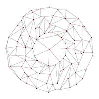 Network visualization of red nodes linked by black lines creating spherical pattern. Abstract isolated composition showcases interconnected data points, emphasizing complexity through simplicity. vector