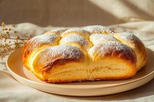 A close-up of soft and fluffy brioche rolls dusted with powdered sugar, placed on a beige plate in warm natural lighting, creating a cozy and inviting atmosphere photo