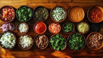 Colorful Array of Fresh Taco Ingredients Spread Across a Wooden Board, Showcasing Vibrant Toppings for Delicious Culinary Creations photo