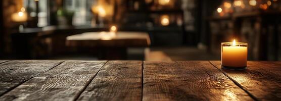 Warm and Inviting Candle Glow on Rustic Table in Cozy Atmosphere Featuring Soft Lighting and Beautiful Bokeh Background for Relaxation and Serenity photo