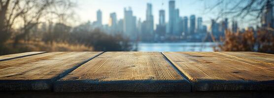 Scenic city skyline view with a wooden table in the foreground, capturing tranquility and nature with urban backdrop under soft warm lighting photo