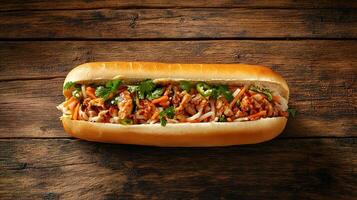 Authentic Vietnamese Banh Mi Sandwich Bursting with Flavor and Fresh Ingredients on Rustic Wooden Background photo