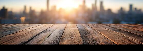 Beautiful sunset over city skyline viewed from wooden table, warm colors create atmospheric background for creative projects and marketing materials photo