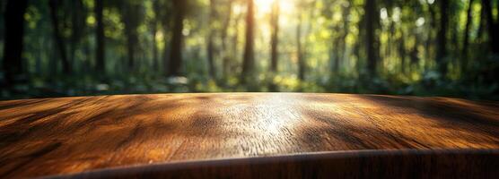 Sunlit Wood Surface in Peaceful Forest Setting with Soft Green Background and Gentle Light Filtering Through Trees photo