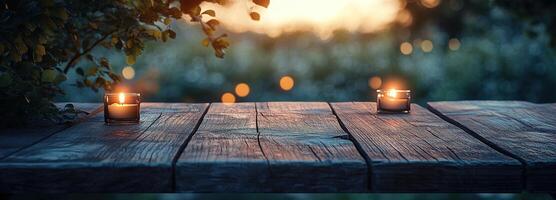 Tranquil Evening Setting with Glowing Candles on Rustic Wooden Table Surrounded by Nature and Soft Backlight during Sunset photo