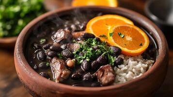 Steaming Bowl of Classic Brazilian Feijoada with Tender Meat, Black Beans, Rice, Fresh Herbs, and Orange Slices in Rustic Setting photo
