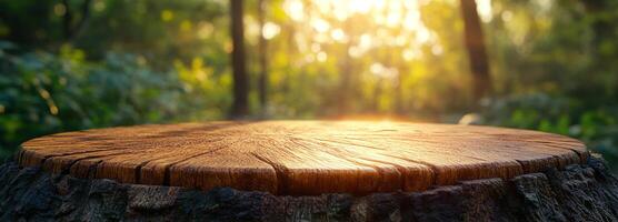 Scenic close-up of a wooden tree stump surrounded by lush greenery in a serene forest with soft sunlight filtering through the trees at sunset photo