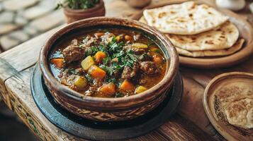 Classic Moroccan Tagine with Slow Cooked Vegetables and Tender Meat Bubbling in a Traditional Clay Pot on a Rustic Wooden Table photo