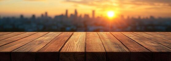 Wooden Table Surface with Sunset View Over City Skyline in Background, Soft Light Reflecting, Warm Tones Creating Peaceful Atmosphere photo