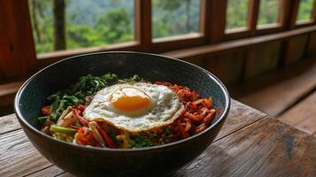 Colorful Bowl of Bibimbap with Fried Egg and Fresh Vegetables Surrounded by Serene Nature View in a Rustic Setting photo