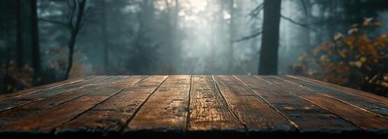 Serene Forest Background with Rustic Wooden Table Surface Surrounded by Green Foliage and Soft Morning Light Glowing Through Smoky Atmosphere photo