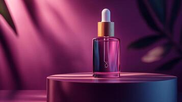 Glass dropper bottle with a wooden cap, elegantly displayed on a podium. Luxurious skincare aesthetics. Dark horizontal banner with copy space, minimalistic design. photo