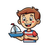 Joyful Boy with Toy Boat Pretending vector
