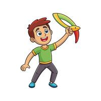 Delightful Boy with Toy Boomerang Ready vector