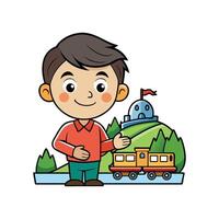 Child Smiling with Toy Train Set Adventure vector