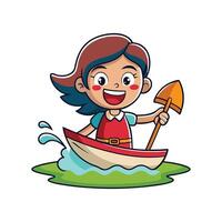 Child Pretending to Race Toy Boat with a Smile vector