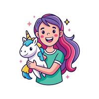 Girl Pretending a Magical Adventure with Toy Unicorn vector
