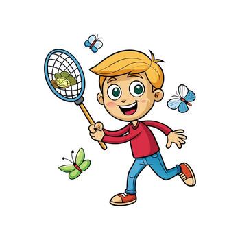 niño con error red alegremente persiguiendo mariposas fuera de vector