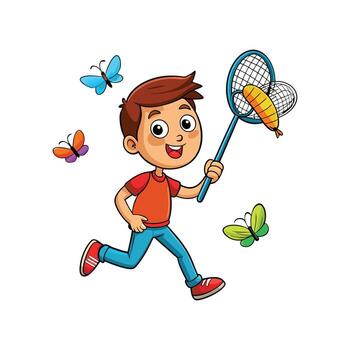 niño alegremente persiguiendo mariposas con un error red vector