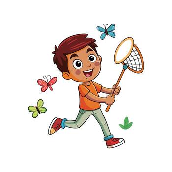 joven explorador persiguiendo mariposas con un error red vector
