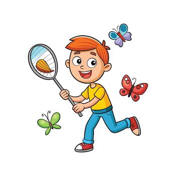 niño jugando fuera de con un error red persiguiendo mariposas vector