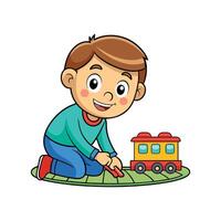 Kid Pretending to Play with Toy Train Creatively vector