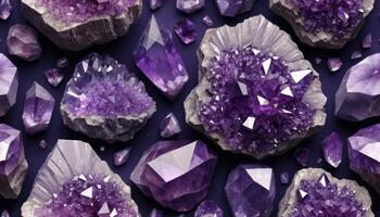 Amethyst Crystal Clusters on Dark Purple Background photo