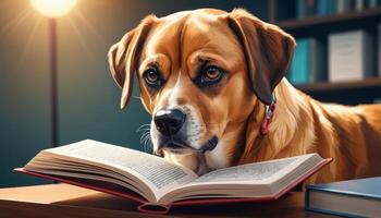 Attentive Dog Reading a Book in a Warmly Lit Library photo