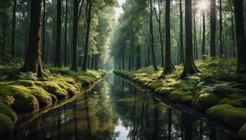 Sunlit Forest Path with Tranquil Water Reflection photo