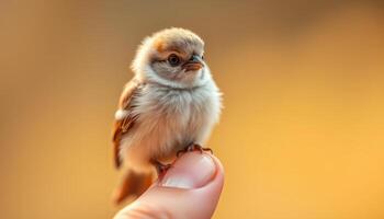 Close-Up Of A Small Bird Perched On A Finger Against A Soft Blurred Backgrounds photo