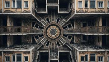 Symmetrical Ruins A Weathered Building Intricate Geometric Design photo