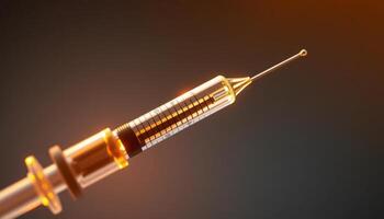 Close-Up of a Syringe Filled with Amber Liquid Against a Dark Background photo