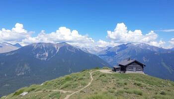 Alpine Cabin On Mountaintop With Sunny Sky photo