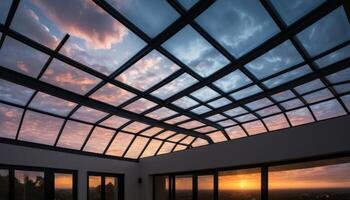 Sunset Seen Through Modern Glass And Metal Ceiling photo