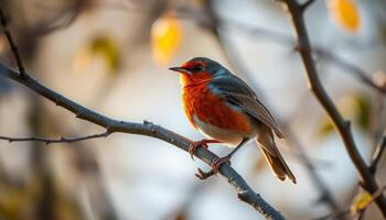 Small Orange and Gray Speckled Bird Perched on a Branch in Warm Sunlight photo